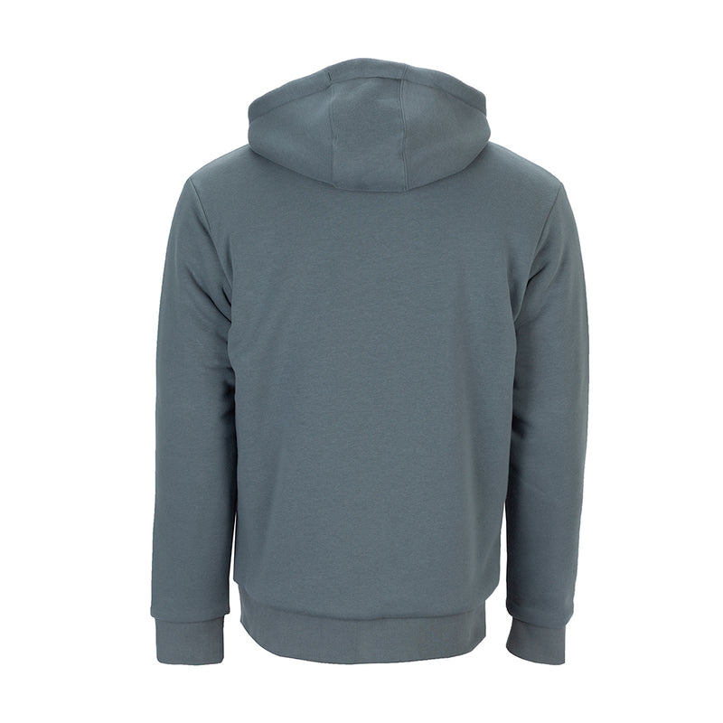 Men's sherpa-lined full-zip hoodie, dark gray-blue with fleece-lined hood, back view