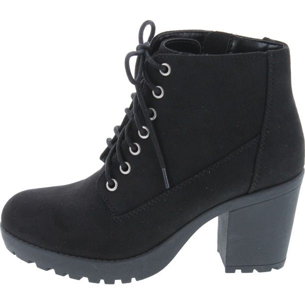 Soda Second Women's Faux Leather Lace Up High Chunky Heel Ankle Booties Black Suede