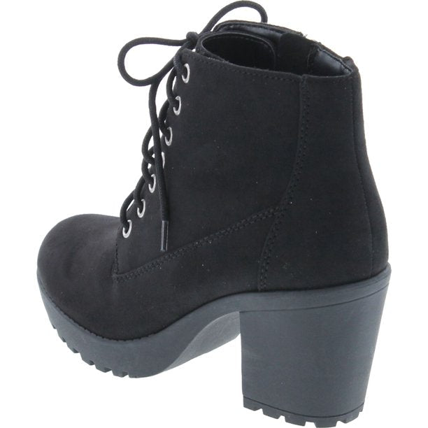 Soda Second Women's Faux Leather Lace Up High Chunky Heel Ankle Booties Black Suede