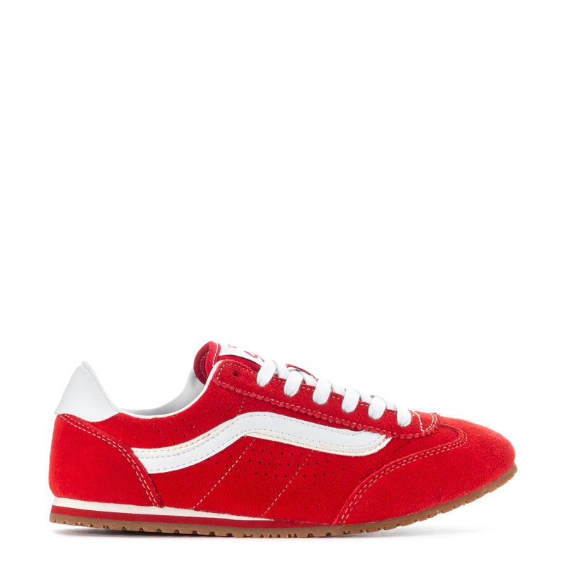 Racing red women's low-top sneakers with white side stripe and lace-up front