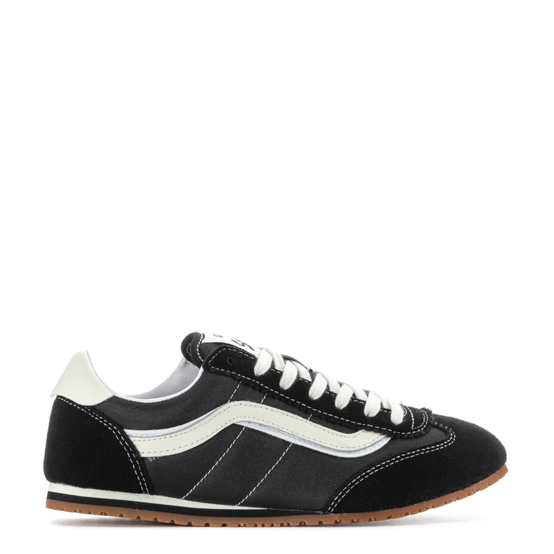 Women's low-top sneakers, black with white accents, lace-up, gum rubber sole
