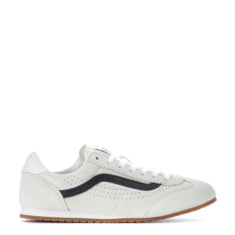 Women's low-top sneakers in off-white with black side stripe and gum rubber sole