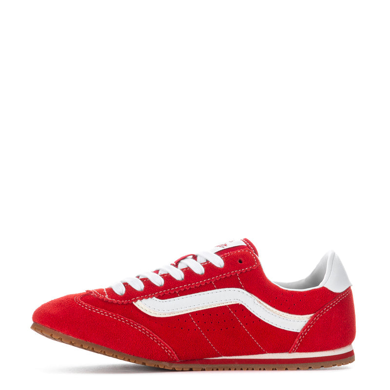 Racing red women's low-top sneakers, side view, white stripe and gum sole