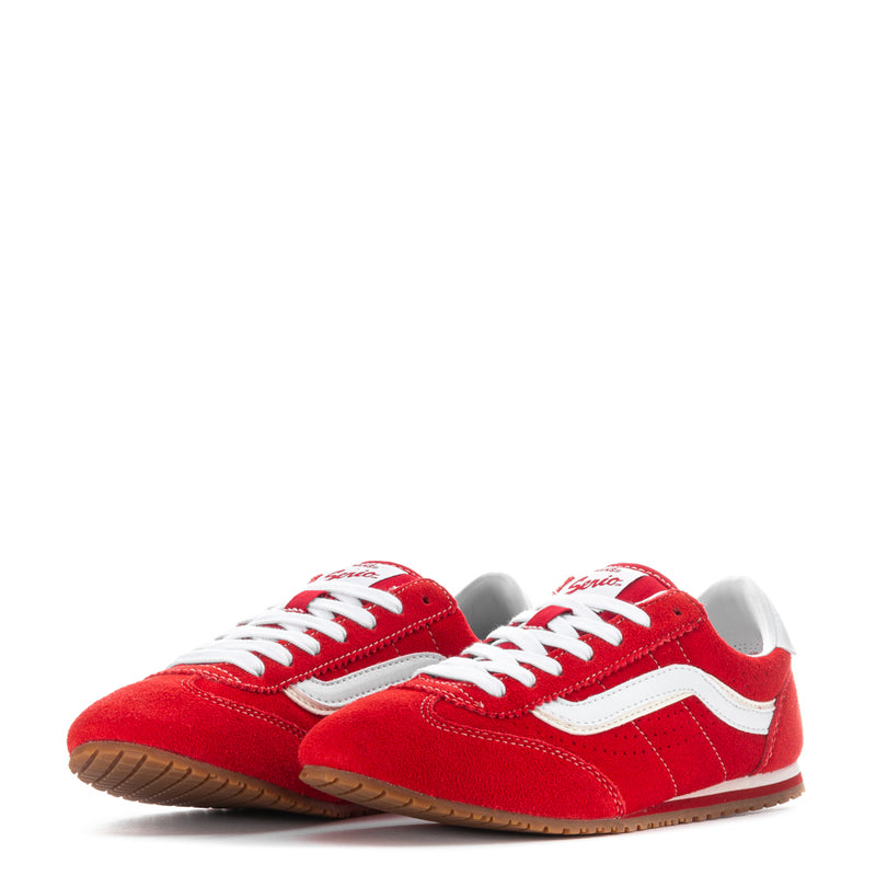 Racing red women's low-top sneakers, toe and top view, white laces and stripe