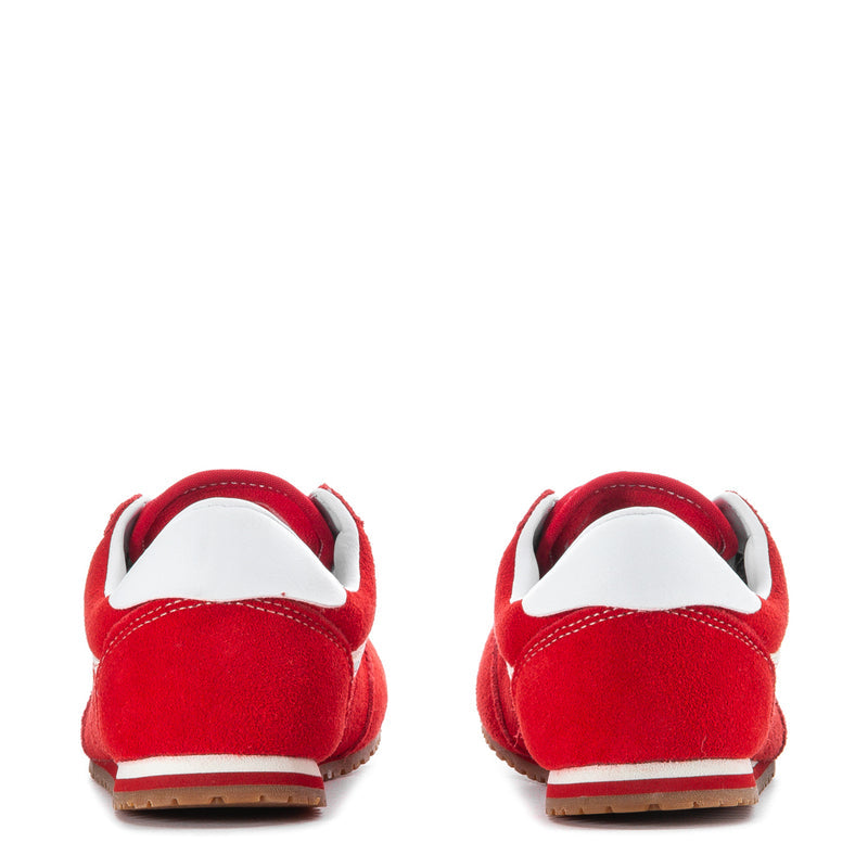 Racing red women's low-top sneakers, heel view, padded collar and gum outsole