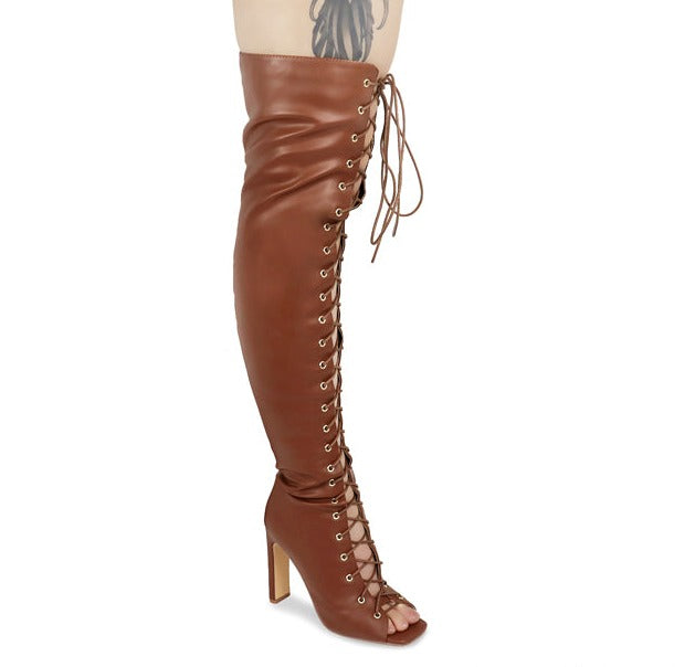 Thigh High Open Toe Lace-Up Drip-1 Liliana