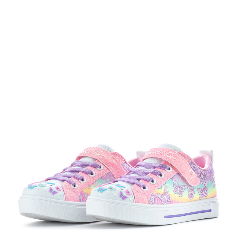 Pair of kids low-top sneakers in pink and rainbow with butterfly graphics and Velcro strap