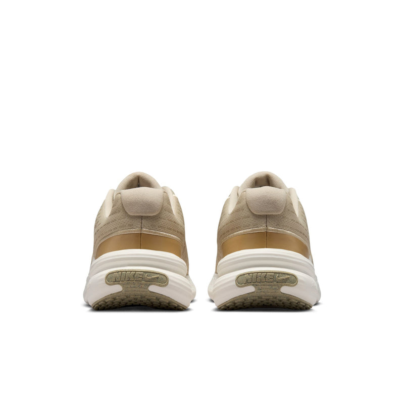 Beige men's sneakers with cushioned white midsole and textured heel panel.