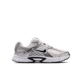 Youth running sneaker in white and light gray with black Nike swoosh and laces