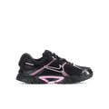 Youth running shoe in black with pink trim, mesh panels, and Nike Swoosh.