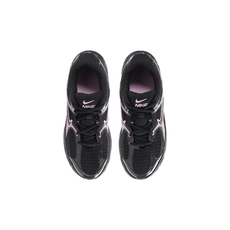 Youth running shoe pair, black mesh uppers with pink lining and Nike branding.