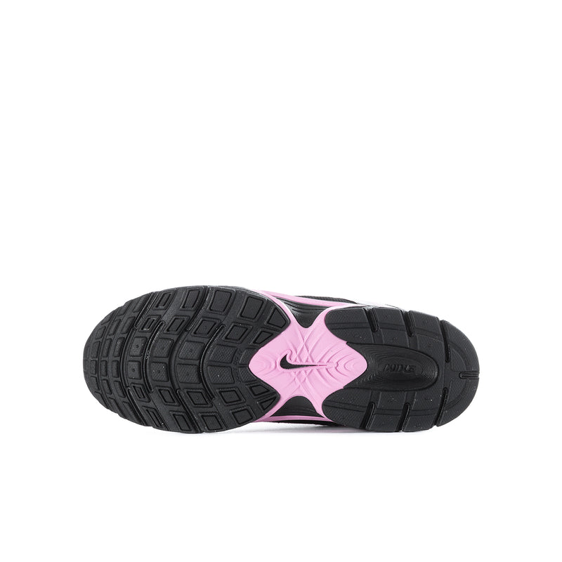 Youth running shoe outsole, black with pink accents and tread pattern.