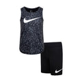 Kids black printed tank top and shorts set, white Nike swoosh on chest and leg