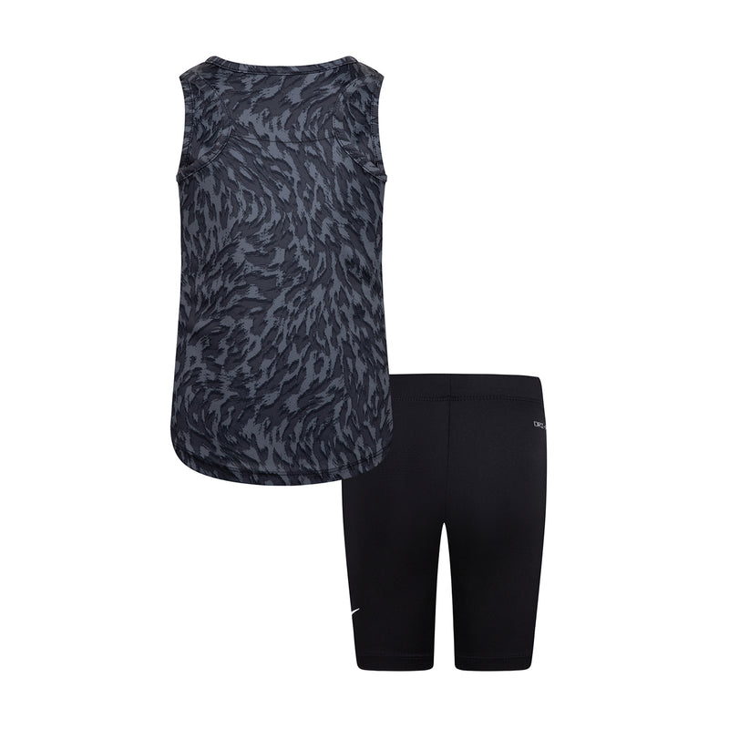 Kids black printed tank top with matching shorts set, white Nike swoosh on shorts