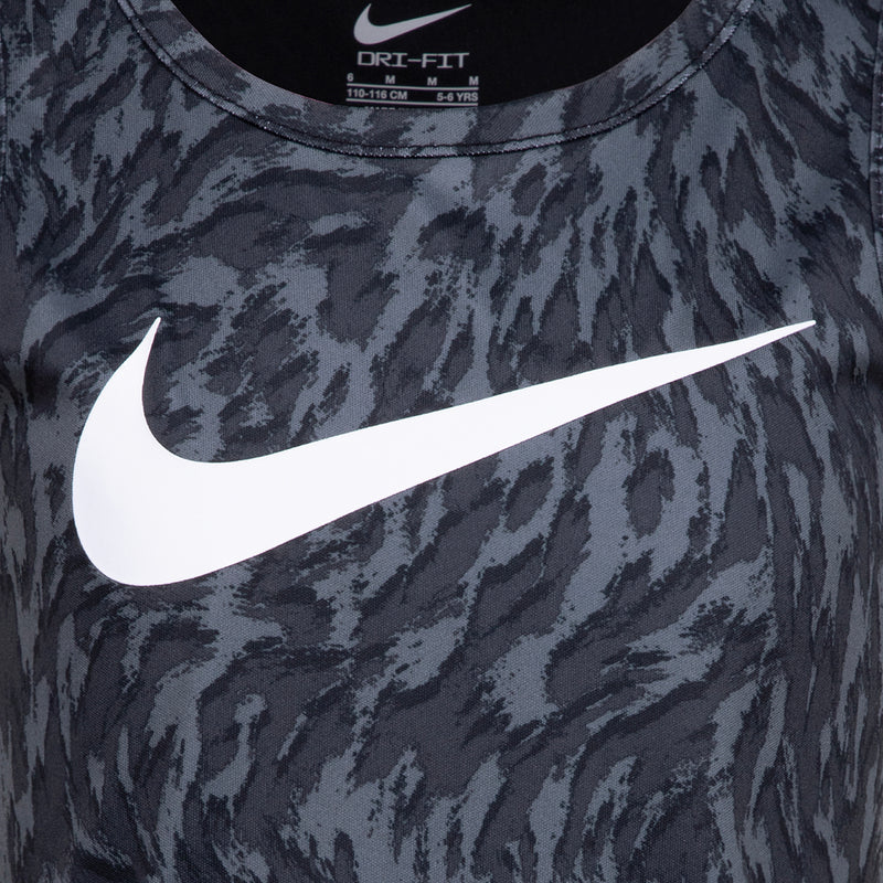 Black printed tank top with white Nike swoosh, DRi-FIT logo at neckline
