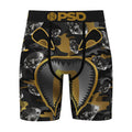 Men's camo boxer shorts with PSD logo waistband, black and gold accents, metallic print