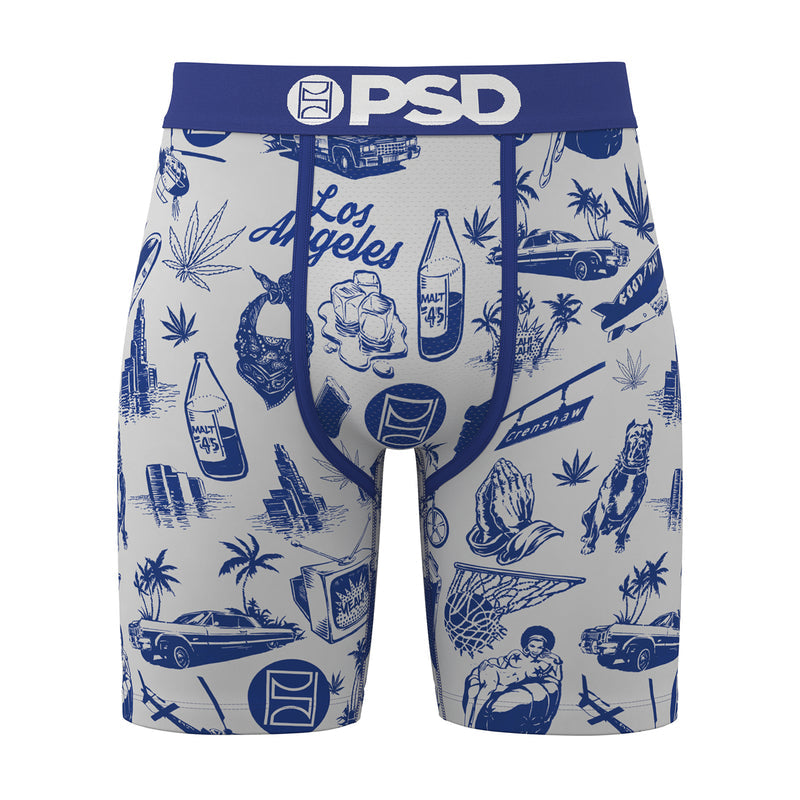 Men's boxer briefs in white with blue Los Angeles icon print, PSD logo waistband