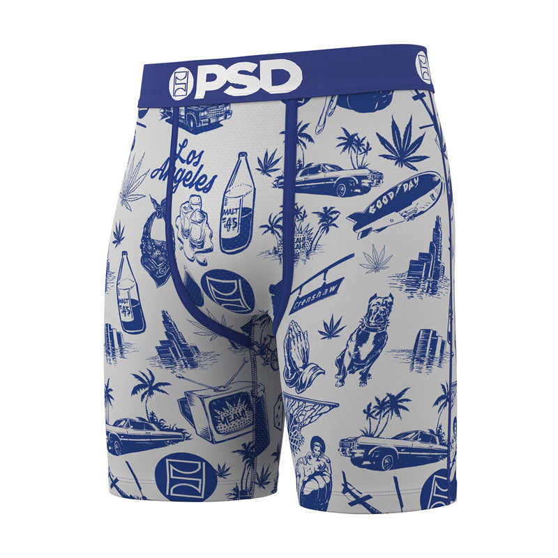 Men's boxer briefs with white-and-blue graphic collage print and PSD logo waistband