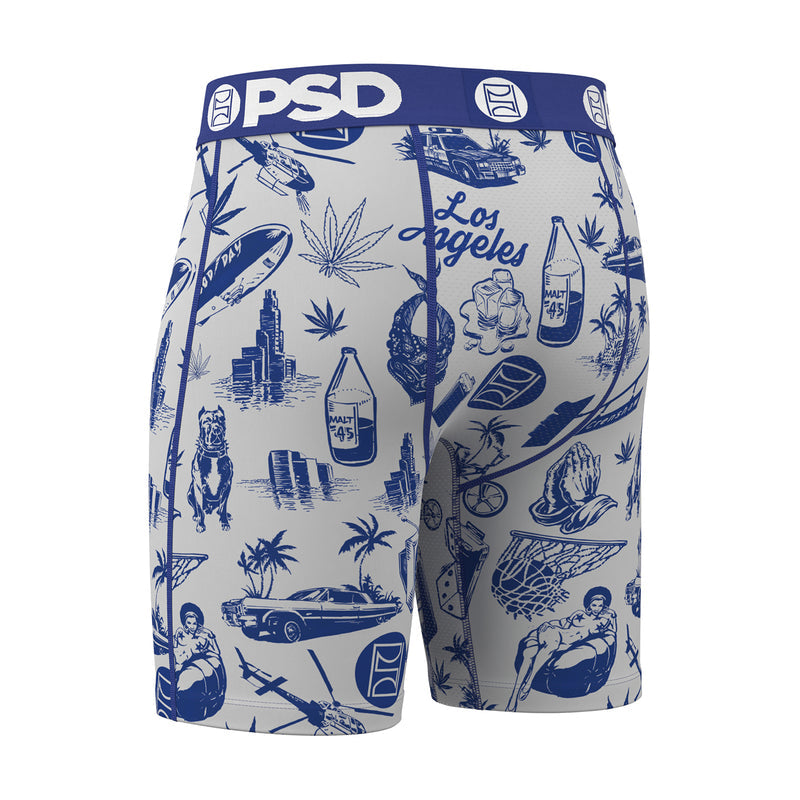 Men's boxer briefs, front view, white base with blue icon pattern and PSD waistband