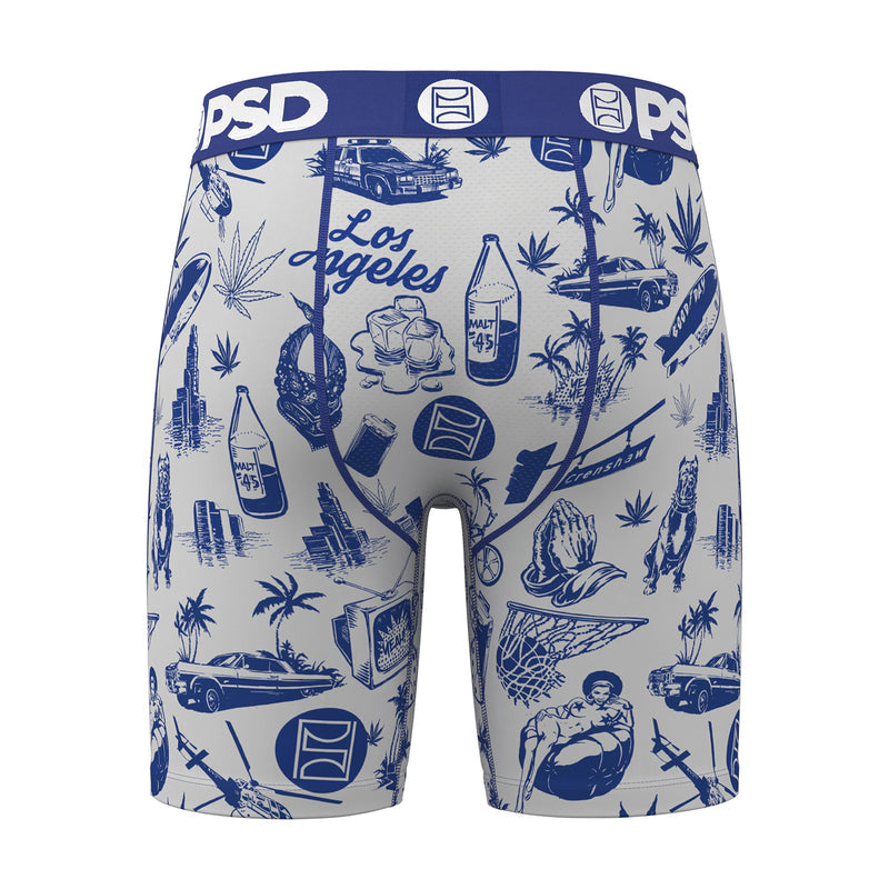 Men's boxer briefs, close-up front view, white with blue Los Angeles icon print