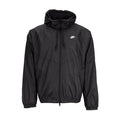 Men's black hooded windbreaker jacket, full-zip with drawstring and chest logo