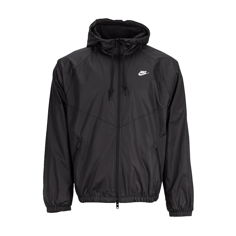 Men's black hooded windbreaker jacket, full-zip with drawstring and chest logo
