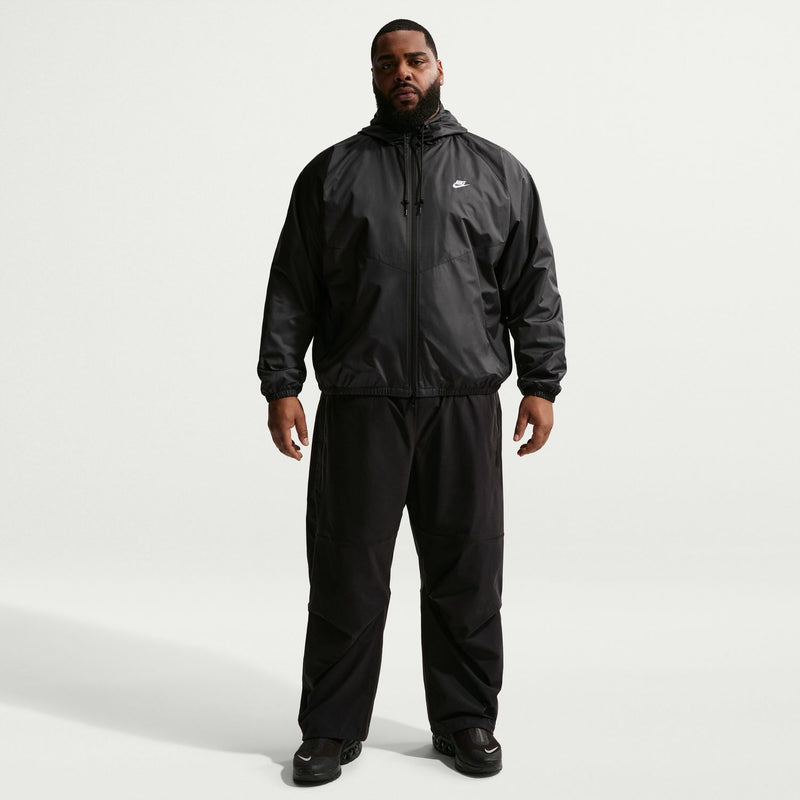 Men's black hooded windbreaker jacket with full-length zipper and drawstring hood