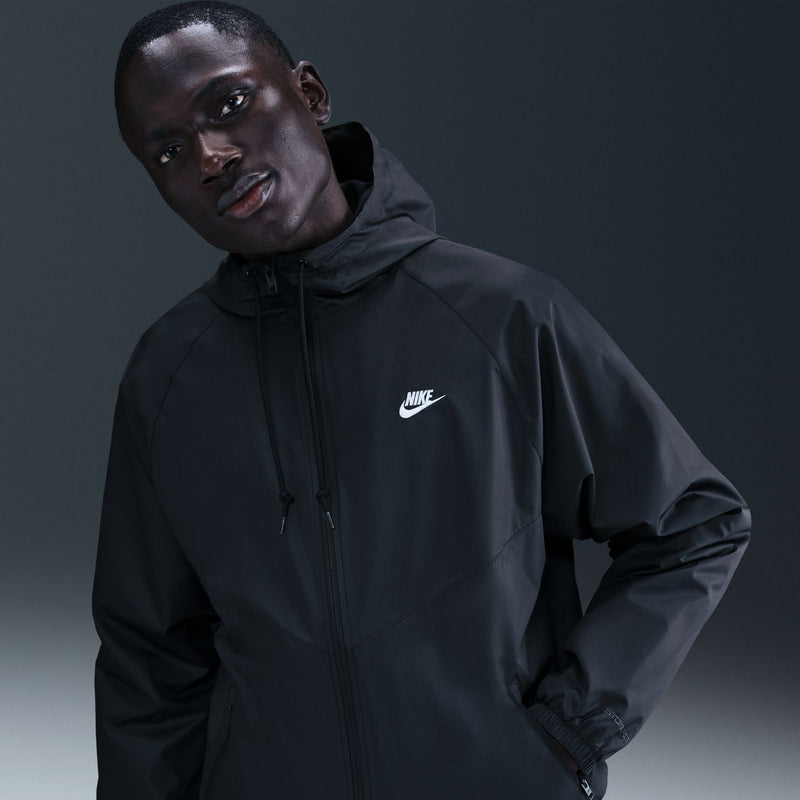 Men's black windbreaker with drawstring hood, full-zip, and small chest logo