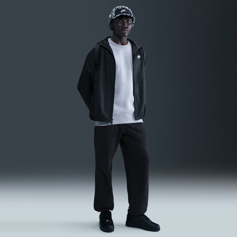 Men's black hooded windbreaker jacket with front zipper and elastic cuffs