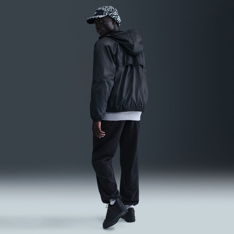 Men's black windbreaker jacket back view with hood, zip front, and elastic cuffs