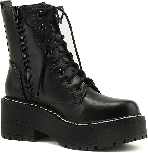 Women Chunky Lace up Fashion Combat Ankle Boot w/Side Zipper