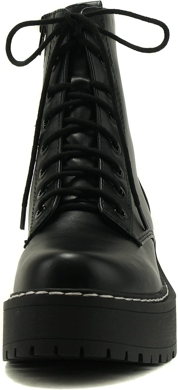 Women Chunky Lace up Fashion Combat Ankle Boot w/Side Zipper