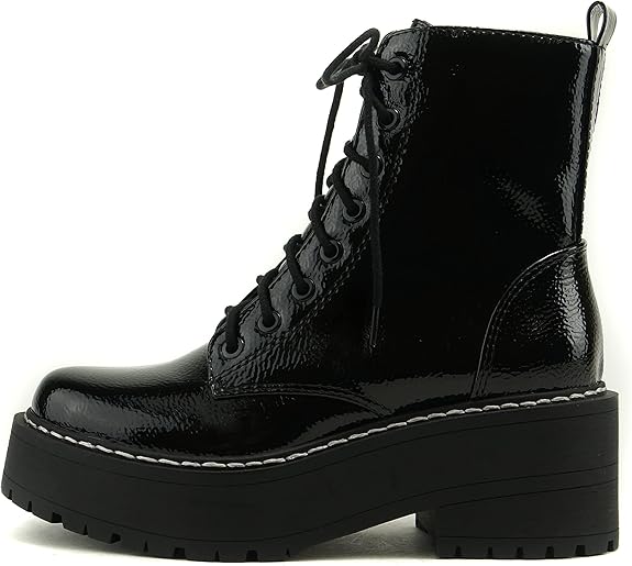 Women Chunky Lace up Fashion Combat Ankle Boot w/Side Zipper