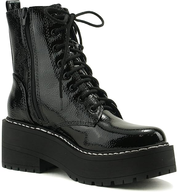 Women Chunky Lace up Fashion Combat Ankle Boot w/Side Zipper