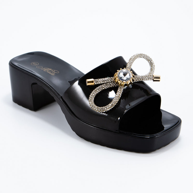 Women Glitter Bow Tie Block Heel Jelly Sandals