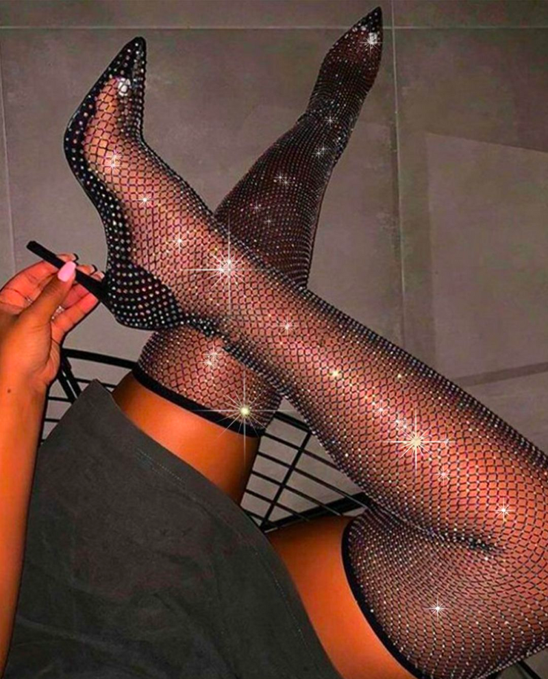Women Mesh Rhinestone Over The Knee Boots, Decor Point Toe Stiletto Fashion Trend