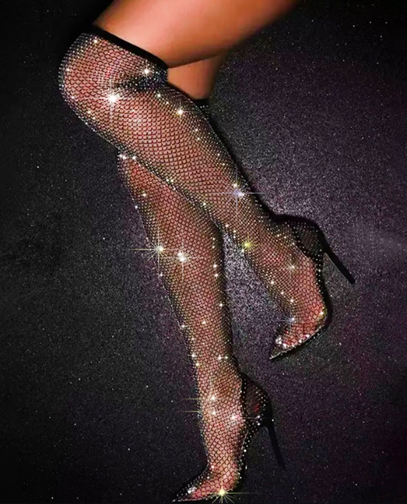 Women Mesh Rhinestone Over The Knee Boots, Decor Point Toe Stiletto Fashion Trend