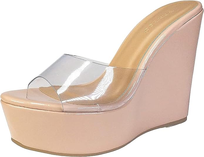 Women's Lucite Clear Wedge Heel Open Toe Slip On Mule Dress Shoe-Chosen-18 By BAMBOO