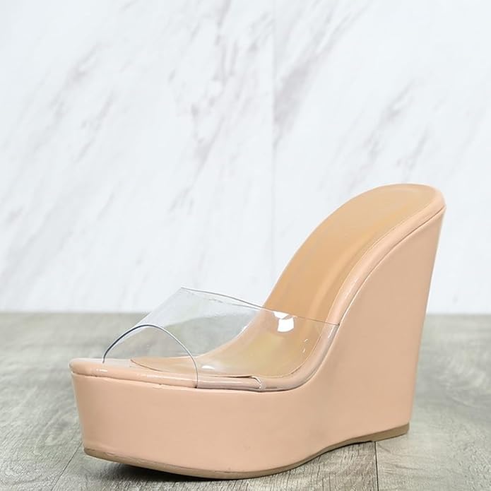Women's Lucite Clear Wedge Heel Open Toe Slip On Mule Dress Shoe-Chosen-18 By BAMBOO