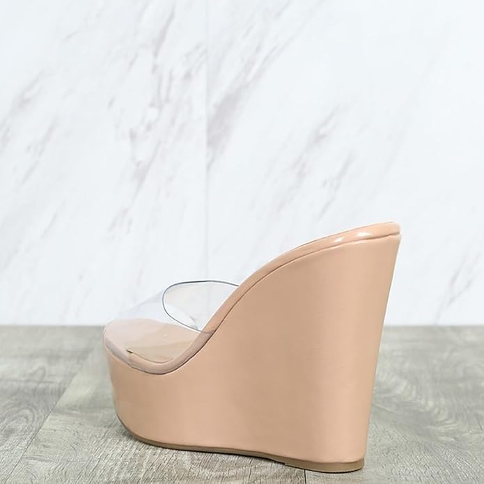 Women's Lucite Clear Wedge Heel Open Toe Slip On Mule Dress Shoe-Chosen-18 By BAMBOO