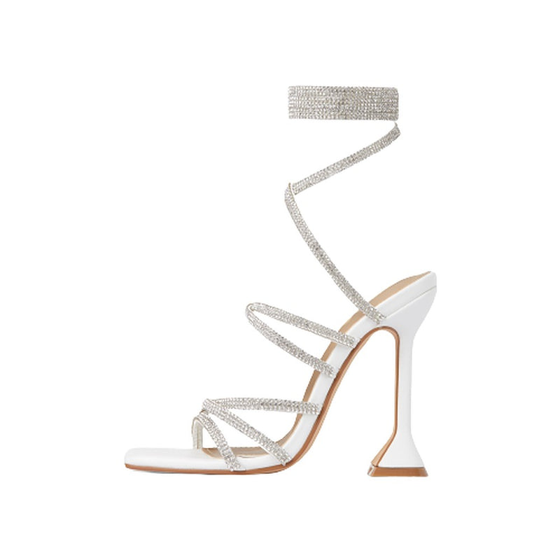 Women's Square Open Toe High Heel Rhinestone Lace Up Sandals-Hasta By LEMONADE