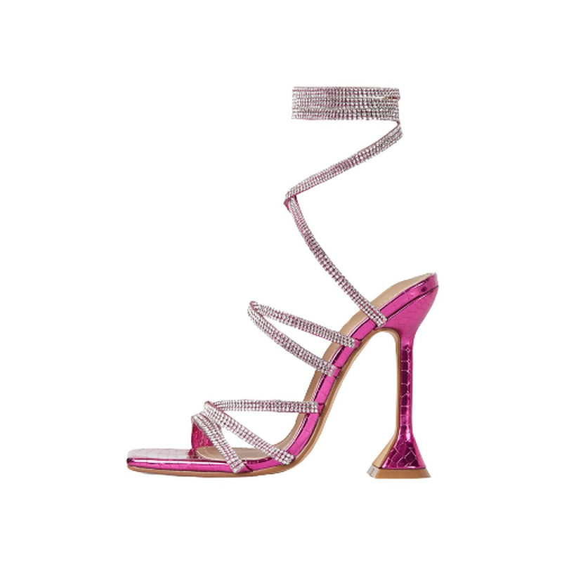 Women's Square Open Toe High Heel Rhinestone Lace Up Sandals-Hasta By LEMONADE