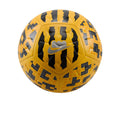 Yellow soccer ball with black and metallic-silver geometric prints and Nike swoosh.