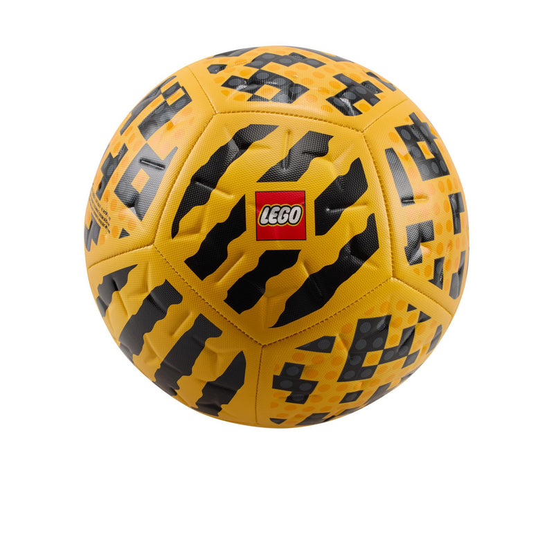 Yellow soccer ball with black geometric pattern, LEGO logo patch, and metallic accents.