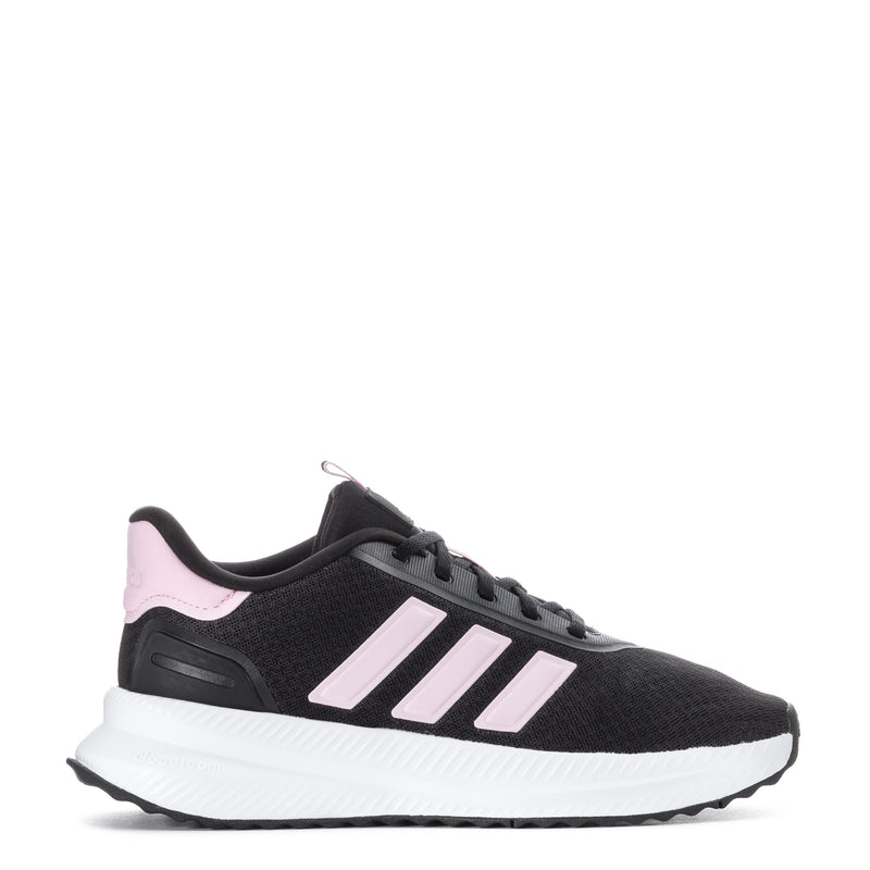 Women’s black knit sneakers with white three stripes, pink accents, and white Cloudfoam sole