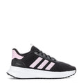Women’s black knit sneakers with white three stripes, pink accents, and white Cloudfoam sole