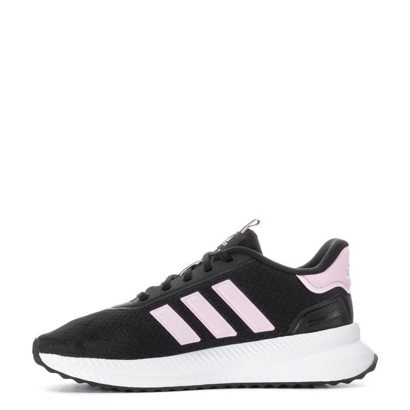 Women’s black knit sneaker with white triple stripes and pink heel detail; white cushioned sole