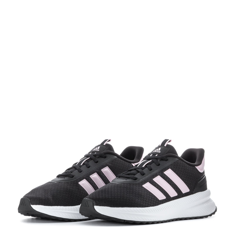 Pair of women’s black knit sneakers with white triple stripes and pink-tinged heel accents