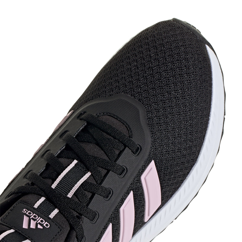 Women’s black lace-up sneaker with textured upper and white triple stripes over pink panels