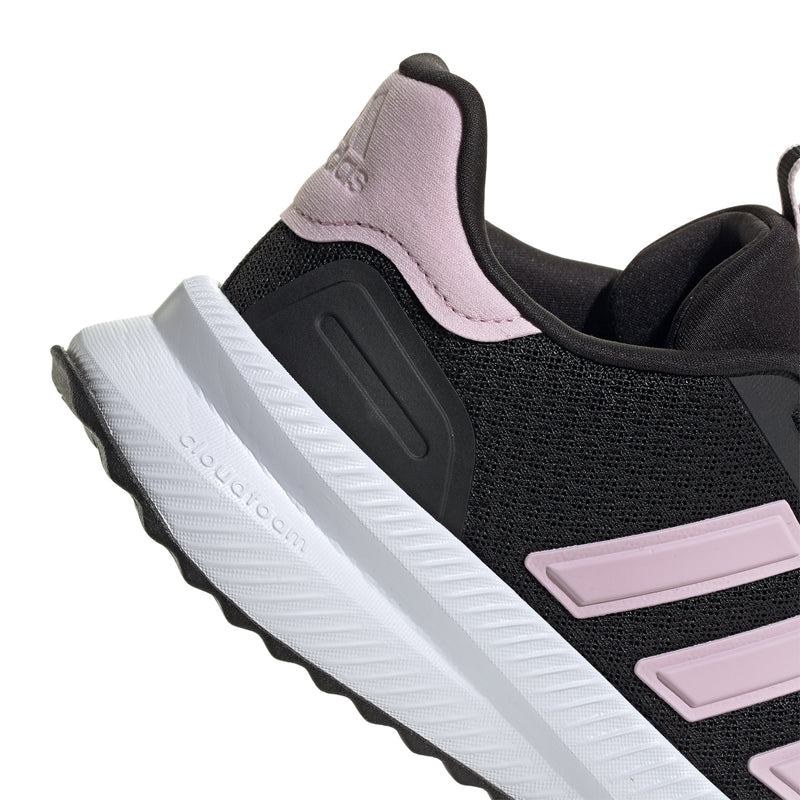 Close-up of women’s black knit sneaker with pink heel tab, white triple stripes, and Cloudfoam midsole